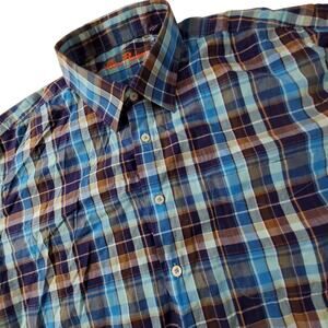 Alan Flusser Check Plaid Embroidered Blue Button Up Long Sleeve Shirt XL